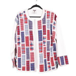 Plaid Patchwork Cardigan Sweatshirt M Red White Blue Lace 90s Mom Patriotic USA
